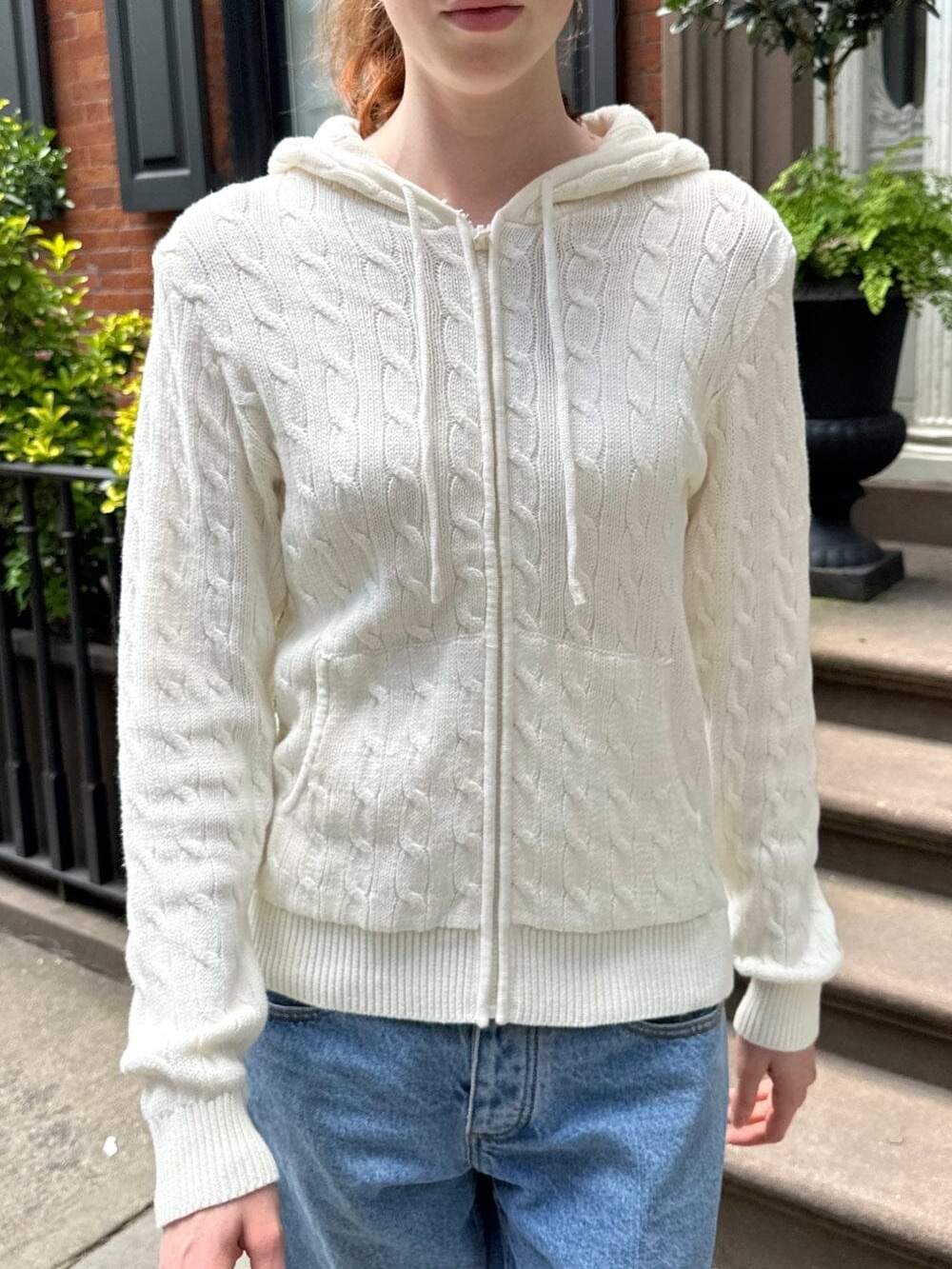 Brandy Melville Cream Cable-Knit Zip Hoodie Sweater